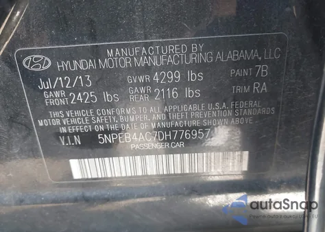 2013 Hyundai Sonata Gls z USA, uszkodzony, nr VIN 5NPEB4AC7DH776957